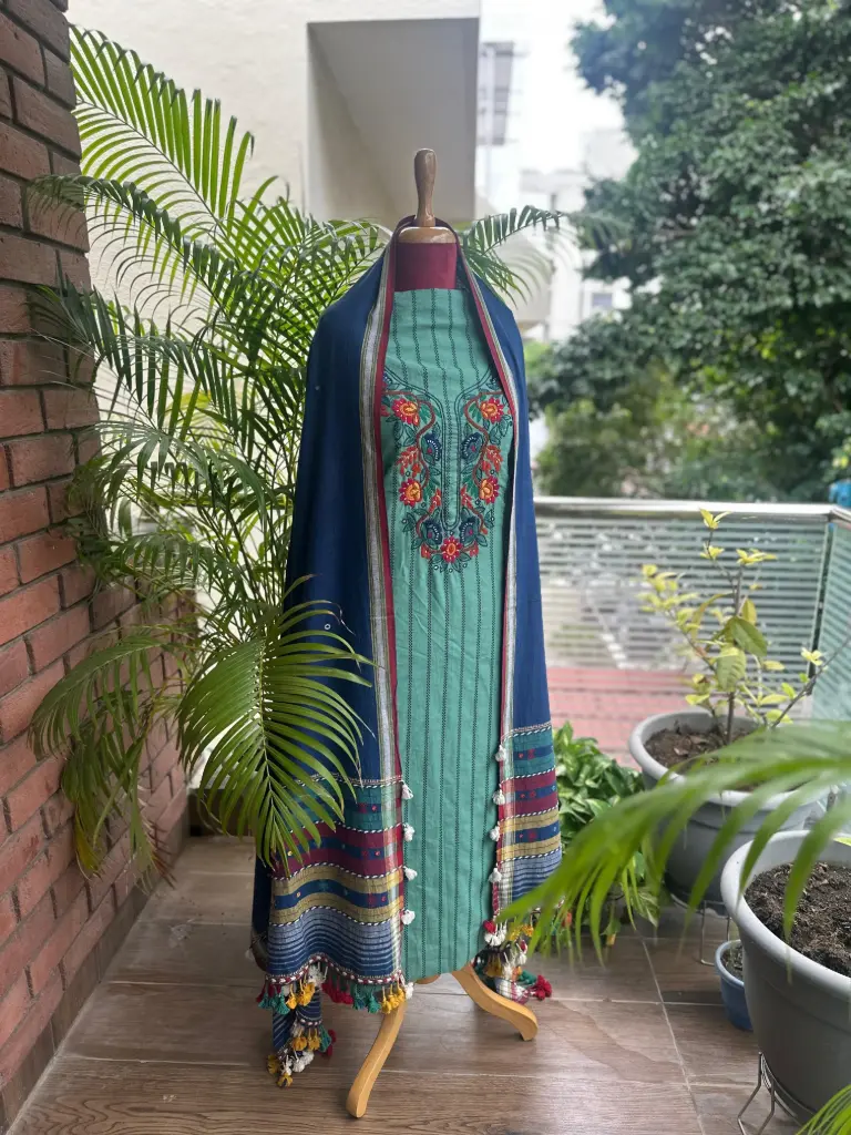 Aqua Blue Cotton Kurta and Bottom Fabric with Bhujodi Dupatta