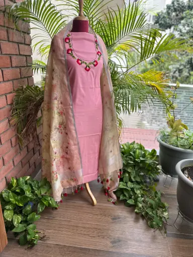 Pink Cotton Set with Chanderi Dupatta