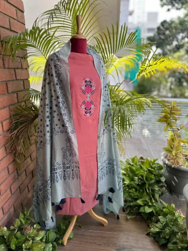 Pink Dress Set With Block Print Dupatta