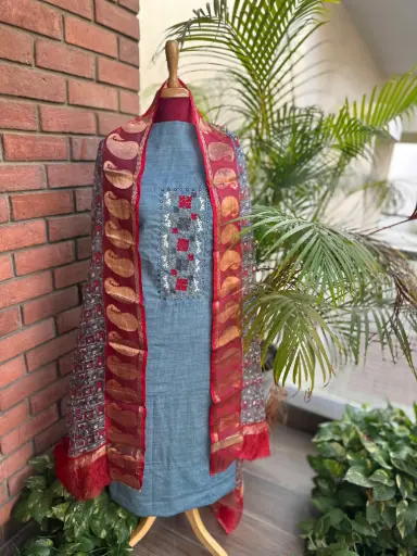 Blue and Red Kurta Dupatta Set