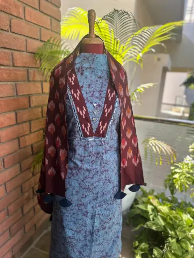 Denim Grey Blue Kurta with Ikkat Stole
