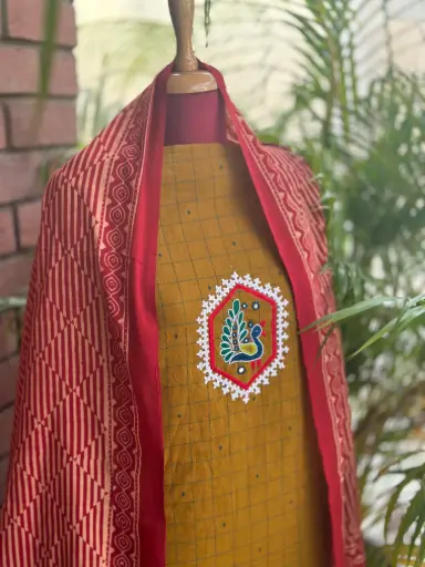 Maroon and Mustard Kurta Dupatta Set