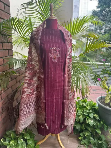 Maroon Striped Kurta With Chanderi Block Print Dupatta and Striped Bottom Set