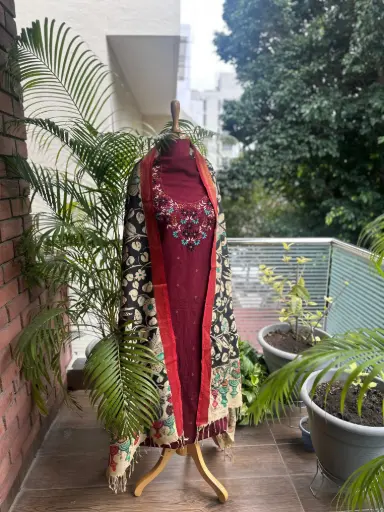 Plum Red Kurta with Kalamkari Dupatta