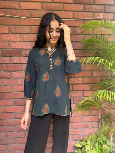 Green Ajrakh Short Kurti